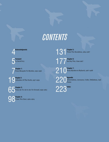 The table of contents for Jezreel Valley Mysteres by Schiffer Publishing, Ltd. features blue pages with white text and subtle Dassault Mystere IVA outlines, plus scattered chapters and page numbers that mirror the Israeli Air Force’s dynamic spirit.