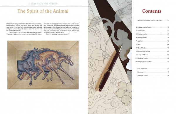 A two-page spread from "Quilted Leather" by Schiffer Publishing, Ltd.: left features a horse drawing titled "The Spirit of the Animal" with an author note; right shows floral sketches, a pen, and chapter listings on leather art and quilting.