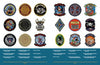 Schiffer Publishing, Ltd.’s United States Navy Helicopter Patches showcases vibrant patches in four rows, each with distinct animal and symbol designs above a blue band listing squadron names and codes—ideal for US Navy patch enthusiasts.