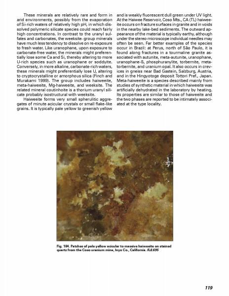 A close-up photo from "Introduction to Radioactive Minerals" by Schiffer Publishing, Ltd. displays pale yellow uranium minerals on brown rock from Cerro Summum mine, Inyo Co., California, highlighting evaporated mineral formations.