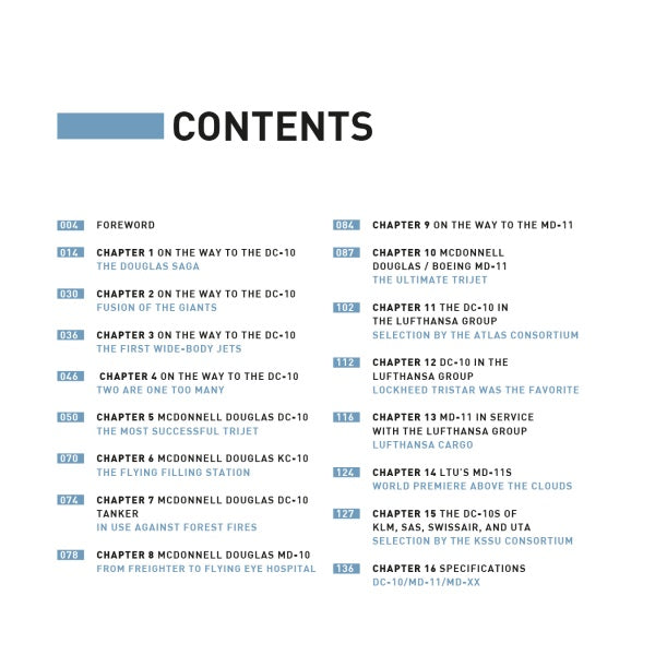 Table of contents for "McDonnell Douglas DC-10/MD-11" by Schiffer Publishing, Ltd. lists chapters on aviation history, technical details, and airline use. Blue highlights make chapter numbers stand out.
