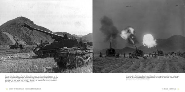 Two black-and-white photos from "M40 Gun Motor Carriage and M43 Howitzer Motor Carriage in WWII and Korea" (Schiffer Publishing, Ltd.) show a stationary M43 and multiple gun carriages firing amid soldiers in mountainous terrain.