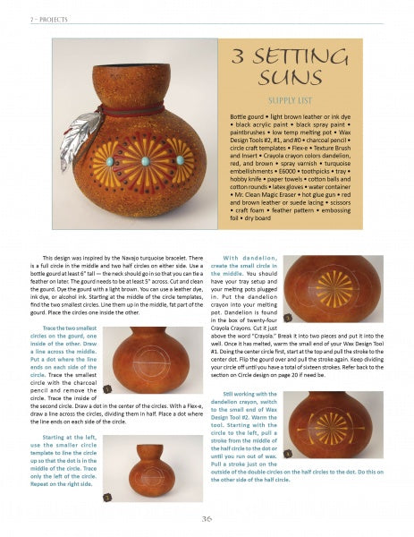 Miriam Joy's Wax Design Technique by Schiffer Publishing, Ltd. offers step-by-step instructions to decorate a small brown gourd with painted geometric patterns, crayon wax art, feathers, and bead ornaments, with images and close-up details included.