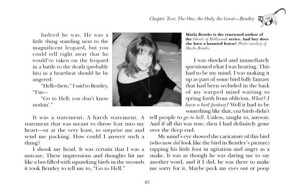 A page from Psychic Pets by Schiffer Publishing, Ltd. shows chapter text and a small leopard illustration at the top, with a grayscale photo of a smiling woman (animal communicator) and her bio above it in the upper right corner.