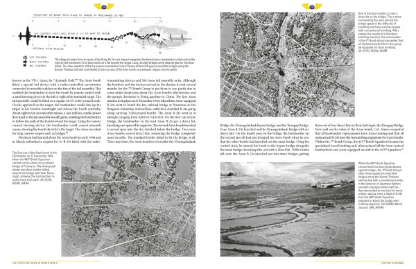 A magazine spread for Schiffer Publishing, Ltd.’s "The Tenth Air Force in World War II" displays maps, aerial photos of Burma’s rural and bombed areas, plus text blocks and captions about historical events and Allied air operations.