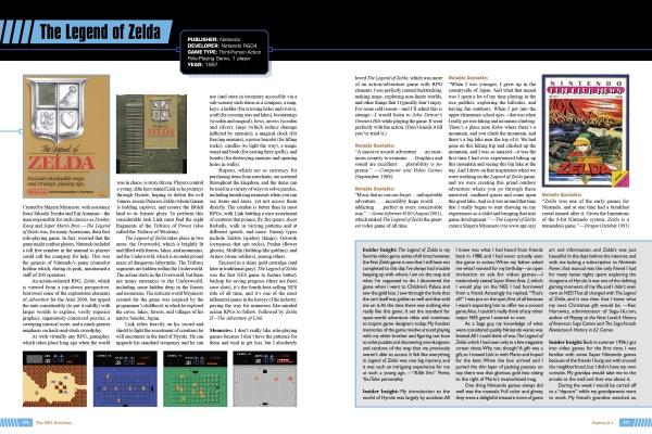 A two-page magazine spread on The Legend of Zelda for NES showcases screenshots, artwork, box art, a map shot, and rich insights—an ideal feature for fans of The NES Omnibus from Schiffer Publishing, Ltd.