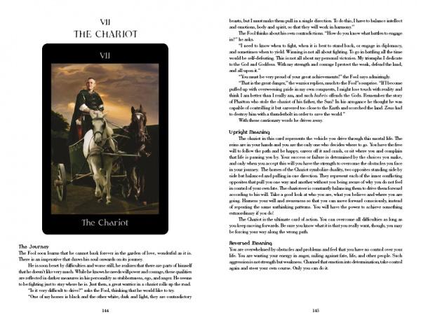 The Pagan Ways Tarot by Schiffer Publishing, Ltd. features The Chariot card, depicting an armored figure guiding two horses; its imagery and symbolism are discussed in detail within the accompanying book.