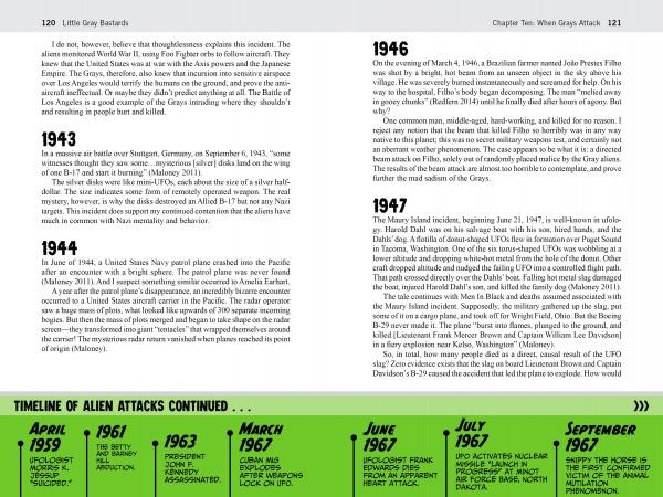 A spread from "Little Gray Bastards" by Schiffer Publishing, Ltd. shows text recounting alleged alien encounters (1943–1947), with a green timeline below highlighting UFO sightings from April 1959 to September 1967 (pages 120–121).