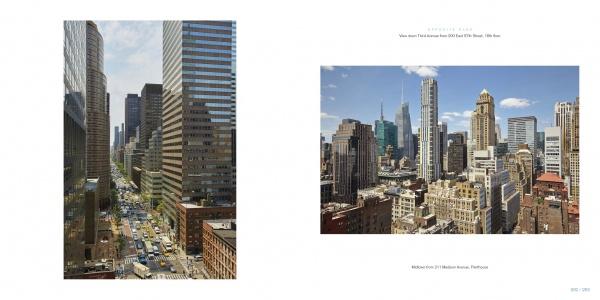 Vista Manhattan by Schiffer Publishing, Ltd. features two photos: one shows a busy street lined with modern skyscrapers from above; the other highlights New York's skyline of historic and modern high-rises under a blue sky.