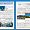 Schiffer Publishing, Ltd.’s "Lighthouses and Coastal Attractions of Northern New England" showcases two pages with images of puffins, a blue van by the coast, a shoreline village, and a white lighthouse—ideal for lighthouse enthusiasts.