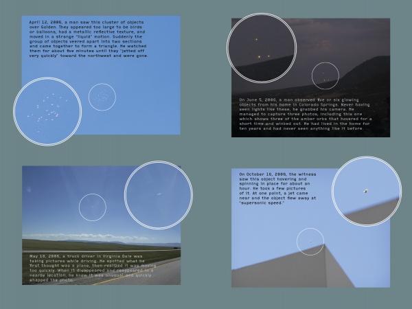 A collage from Schiffer Publishing, Ltd.’s "UFOs Over Colorado" shows four photos of mysterious white dots in the sky, each circled and labeled, against varied Colorado backgrounds—fields, mountains, and buildings—under changing sky conditions.