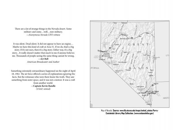 A spread from Schiffer Publishing, Ltd.'s "UFOs Over Nevada" pairs UFO witness quotes with a labeled Great Basin map showing sightings, highways, towns, and features; map source credits are at the bottom.
