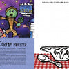 A green monster inspired by Cape Cod legends, from "Wicked Creatures of Cape Cod and the Islands" by Schiffer Publishing, Ltd., stands among tubs of ice cream under a starry sky, beside a sundae sketch on a red checkered tablecloth.
