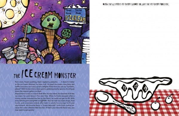 A green monster inspired by Cape Cod legends, from "Wicked Creatures of Cape Cod and the Islands" by Schiffer Publishing, Ltd., stands among tubs of ice cream under a starry sky, beside a sundae sketch on a red checkered tablecloth.