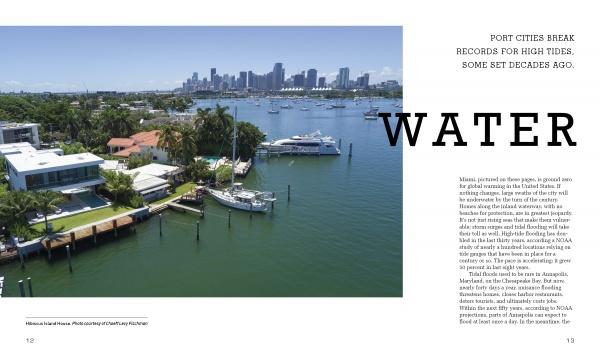 Aerial view of Miami waterfront homes with boats and skyline. Text on the right discusses high tide records in port cities and highlights resilient homes, featuring "Designing for Disaster" by Schiffer Publishing, Ltd. on innovative home design.