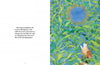 A storybook spread from "Mosey's Field" by Schiffer Publishing, Ltd.: left page features text; right page shows a small brown animal in a rural landscape, gazing up at a large blue sunflower among tall green leaves.