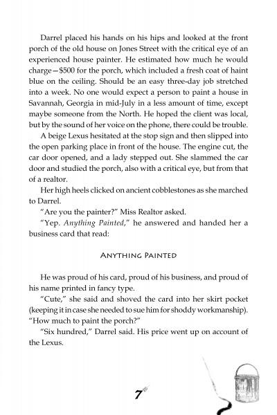A page from Wicked Haints by Schiffer Publishing, Ltd. shows Darrel, a house painter, talking with a client outside an old Savannah haunted house. At the bottom, a paint can and brush are illustrated beside page number 7.