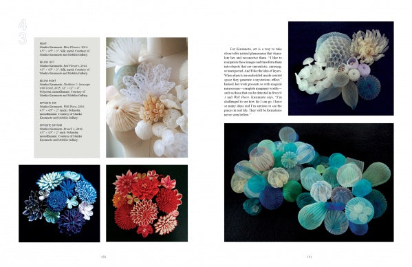 A two-page spread from "Dimensional Cloth" by Schiffer Publishing, Ltd. features vibrant textile sculptures: white, red, and blue-toned pieces on the left page; blue and white floral fiber art with details and descriptions on the right.