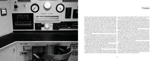 On the left page of "The Neutron’s Long Shadow" by Schiffer Publishing, Ltd., a black-and-white photo shows a Manhattan Project control room; the right page features the book’s preface in two columns on a white background.