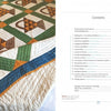 On the left page, "Southern Quilts" by Schiffer Publishing, Ltd. displays a close-up of a geometric-patterned quilt in green, brown, white, and blue. The right page features a table of contents with chapter titles and quilting history.