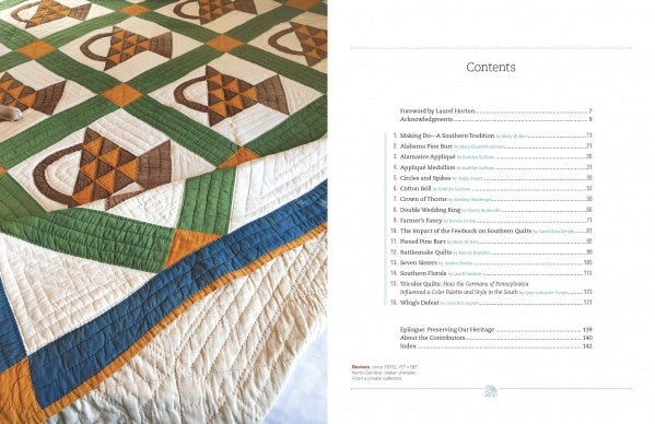 On the left page, "Southern Quilts" by Schiffer Publishing, Ltd. displays a close-up of a geometric-patterned quilt in green, brown, white, and blue. The right page features a table of contents with chapter titles and quilting history.