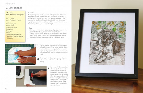A book spread from Print It! by Schiffer Publishing, Ltd. shows step-by-step monoprinting instructions with photos: hands inking a plate and prepping materials, plus a framed dog monoprint—perfect inspiration for kids' printmaking.