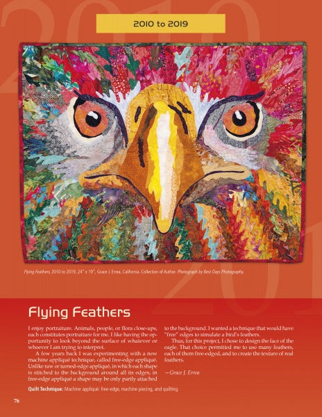Eagle Motifs in America by Schiffer Publishing, Ltd. features a colorful quilt artwork showing a close-up of an American bald eagle’s expressive face and yellow beak, set against textured fabric pieces in patriotic quilt patterns.