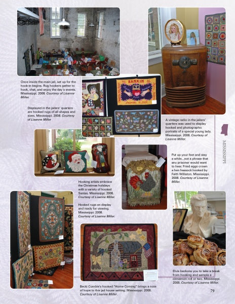 A collage of photos from "Hooked Rugs of The Deep South" by Schiffer Publishing, Ltd. features hooked rugs, vintage radios, folk art, framed needlework, and pillows in a Southern art exhibit with informative captions beside each image.