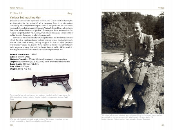 A vintage magazine page from Schiffer Publishing, Ltd.'s "Italian Partisan Weapons in WWII" shows the Variara Submachine Gun, with images of the firearm and a man in a suit holding it while seated on a rock outdoors.