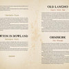 A book spread from "Lancashire Folk" by Schiffer Publishing, Ltd. shows text about historic inns—Tynedale Farm, Newton in Bowland, Old Langho (Black Bull Inn), and Ormskirk (The Plough)—with decorative elements and large red letters introducing ghost stories.