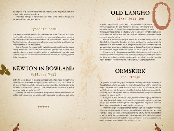 A book spread from "Lancashire Folk" by Schiffer Publishing, Ltd. shows text about historic inns—Tynedale Farm, Newton in Bowland, Old Langho (Black Bull Inn), and Ormskirk (The Plough)—with decorative elements and large red letters introducing ghost stories.