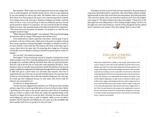 An image from "The Empath's Quest" by Schiffer Publishing, Ltd. shows two pages: one with character dialogue, the other featuring a section, "The Gift of Paying Attention," discussing empathy’s role in life purpose, with decorative accents.