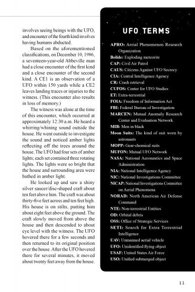 A page from "UFOs Over South Carolina" by Schiffer Publishing, Ltd. features UFO stories and sightings in South Carolina (left), with a black "UFO Terms" box listing acronyms and meanings (right), and page 11 at the bottom right.