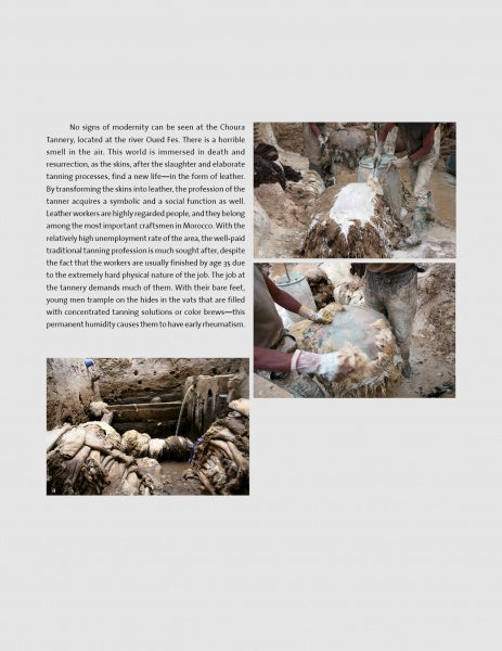 Three photos depict workers at a traditional tannery handling animal hides in pits, highlighting manual leather tanning methods. The images reveal Schiffer Publishing, Ltd.'s Leather product's physical process, with hides soaking in murky liquid.