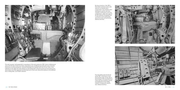 A book spread from Schiffer Publishing, Ltd.'s "TBF/TBM Avenger" displays black-and-white photos detailing the WWII bomber’s interior—panels, wiring, seats—with informative captions and text about the aircraft’s machinery and equipment.