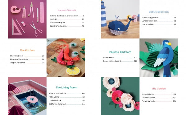 The colorful table of contents for Paper Joy for Every Room by Schiffer Publishing, Ltd. features sections for paper crafts and DIY projects, illustrated with scissors, paper art, a blue whale, parrot, pink pool scene, rolled flowers & craft supplies.