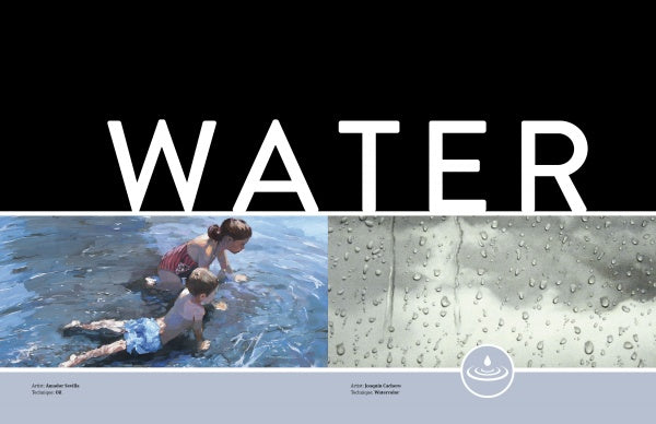 A poster titled "Painting the Elements" by Schiffer Publishing, Ltd. features "WATER" in bold white on black above images of a woman and child playing in water and raindrops—ideal for inspiring atmospheric art techniques.
