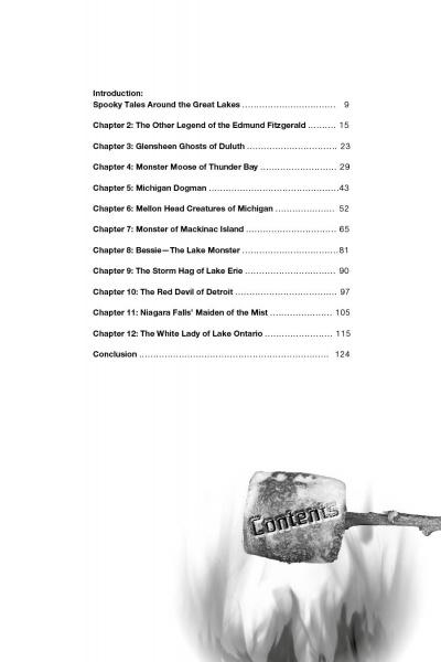 The table of contents page for "Campfire Tales Great Lakes" by Schiffer Publishing, Ltd. lists spooky legends—lake monsters, ghosts, dogman, and the White Lady—with a smoky, abstract "Contents" sign at the bottom.