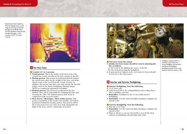 A two-page spread from Schiffer Publishing’s "Study Guide for Marine Fire Prevention, Firefighting, & Fire Safety" shows crews using thermal cameras and gear, illustrating STCW-compliant marine firefighting techniques.
