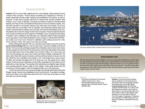 The two-page Scenic Seattle spread from Schiffer Publishing, Ltd. features text, small images of Fremont’s harbor, the Fremont Troll, and Mount Rainier, plus sidebars with Seattle photography tips and photo spot restrictions.