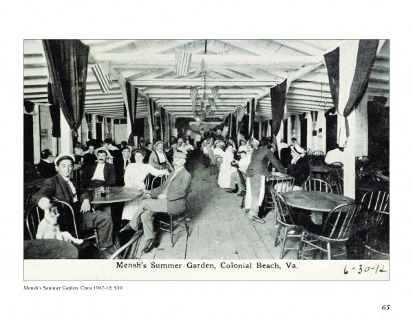 Vintage black and white photo of Colonial Beach, Virginia, from Schiffer Publishing, Ltd., shows people at tables under a covered pavilion with striped ceiling decor—ideal for collectors of historic postcards.
