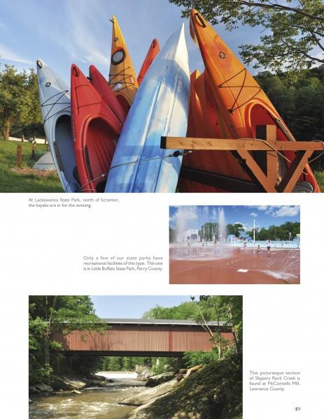 Snapshots of Pennsylvania: vibrant kayaks stacked outdoors, kids at a splash park, a red covered bridge. Discover these scenes and more in "Life in the Keystone State" by Schiffer Publishing, Ltd.