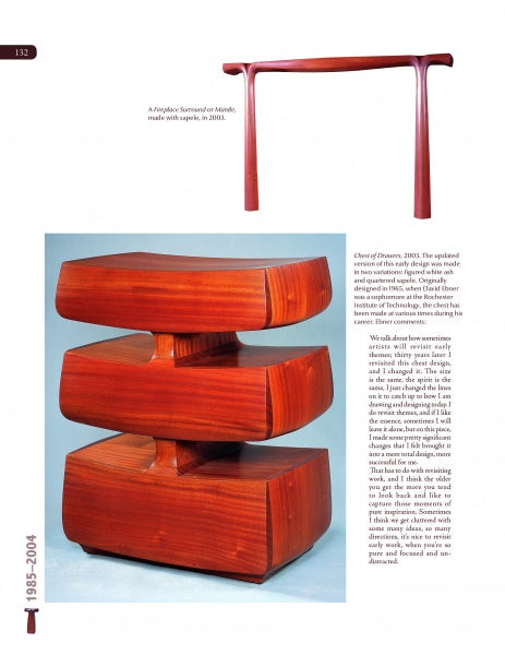 The page showcases two wooden pieces reminiscent of David Ebner’s style, also highlighted in "David N. Ebner: Studio Furniture" from Schiffer Publishing, Ltd.—a minimalist console table and a three-tiered, asymmetrical chest of drawers.