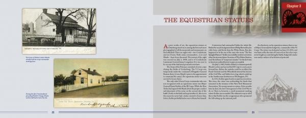 A two-page spread from Greetings from Gettysburg by Schiffer Publishing, Ltd. displays vintage photos of historic Gettysburg houses, a red "Chapter 3" banner, text columns, and a small illustration of people in the bottom right corner.