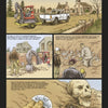 A comic-style page in Knights of the Skull, Vol. 1 (Schiffer Publishing, Ltd.) shows workers with a backhoe and truck near a church and cemetery, uncovering skeletons and a WWII dog tag as an official inspects the mass grave.