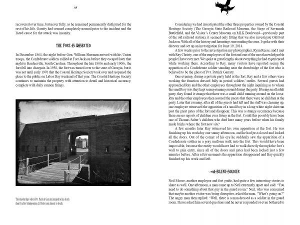 A black and white historic photo of Fort Jackson's entrance, with a wooden bridge and grassy embankments, appears in "Savannah's Afterlife II" by Schiffer Publishing, Ltd., exploring Civil War history and haunted Savannah, Georgia.