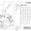 Black and white coloring page of a fish in a powdered wig and hat underwater. On the right, a Chesapeake Bay word search with 18 words and fun facts from the Chadwick Activity Book by Schiffer Publishing, Ltd.