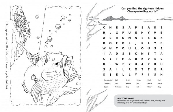 Black and white coloring page of a fish in a powdered wig and hat underwater. On the right, a Chesapeake Bay word search with 18 words and fun facts from the Chadwick Activity Book by Schiffer Publishing, Ltd.