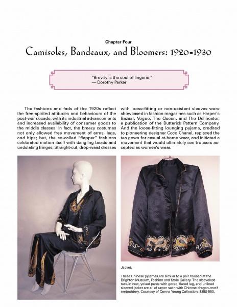 A mannequin displays Schiffer Publishing, Ltd.'s Lingerie, a black silk pajama set with gold and blue embroidered trim; the matching jacket lies flat nearby, highlighting the intricate embroidery on the sleeves and hem.