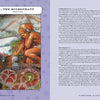 An illustration from The Enchanted Love Tarot by Schiffer Publishing, Ltd. shows The Hierophant in tribal attire carving symbols into stone, with natural and spiritual motifs; text explains the card’s meaning and its impact on relationships at right.